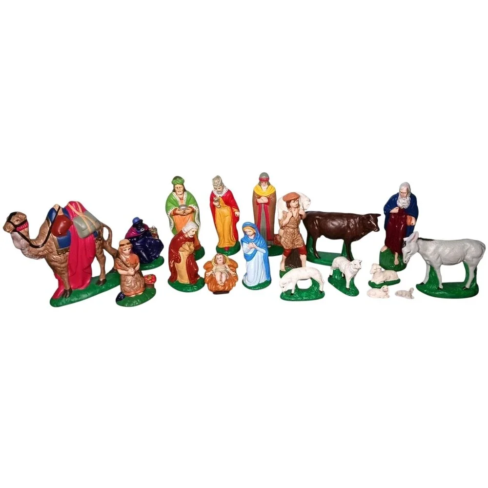 Vintage Nativity Set 18 Piece Solid Chalkware Plaster Hand Painted Manger Scene